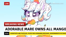 Size: 1280x720 | Tagged: safe, artist:confetticakez, artist:lahtdah2, edit, imported from derpibooru, oc, oc only, oc:confetti cupcake, bat pony, pony, blushing, break your own news, food, hat, heart eyes, herbivore, mango, news, party hat, smiling, solo, wingding eyes