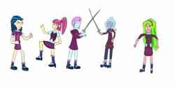 Size: 1280x640 | Tagged: safe, artist:horsesplease, imported from derpibooru, indigo zap, lemon zest, sour sweet, sugarcoat, sunny flare, equestria girls, fight, shadowbolts, sparring, sword, weapon