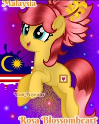 Size: 720x903 | Tagged: safe, artist:viani_pegasister, imported from derpibooru, oc, oc:rosa blossomheart, earth pony, pony, female, malaysia, mare, name, nation ponies, open mouth, paint, ponified, smiling, stars, watermark