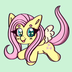 Size: 1000x1000 | Tagged: safe, artist:rabidmomento, imported from derpibooru, fluttershy, pegasus, pony, beanbrows, chibi, eyebrows, fluttershy chibi, flying, full body, full color, shading, solo, starry eyes, wingding eyes