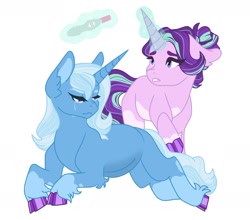 Size: 1956x1719 | Tagged: safe, artist:buttercupisqueen, imported from derpibooru, starlight glimmer, trixie, pony, unicorn, cloven hooves, crying, female, implied magical lesbian spawn, lesbian, magic, pregnancy test, pregnant, shipping, simple background, startrix, telekinesis, unshorn fetlocks, white background