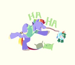 Size: 1505x1297 | Tagged: safe, artist:drtuo4, imported from derpibooru, bow hothoof, rainbow dash, pegasus, pony, father and child, father and daughter, female, filly, foal, laughing, male, pillow, simple background, stallion, white background