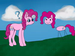 Size: 2158x1619 | Tagged: safe, artist:t-bon3thepony, imported from derpibooru, pinkie pie, earth pony, pony, duality, duo, female, question mark, self ponidox, stick pony