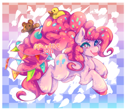 Size: 2000x1774 | Tagged: safe, artist:opiodae, imported from derpibooru, pinkie pie, earth pony, pony, :p, abstract background, female, hooves, looking at you, older, rubber duck, solo, teddy bear, tongue out, unshorn fetlocks