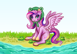 Size: 4175x2935 | Tagged: safe, artist:bartholomaei, imported from derpibooru, oc, oc only, frog, pegasus, pony, commission, female, grass, hat, pond, scenery, solo, water, ych result