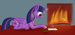 Size: 1916x911 | Tagged: safe, artist:nepaxor, imported from derpibooru, twilight sparkle, alicorn, pony, female, fire, fireplace, glowing horn, horn, magic, solo, telekinesis, twilight sparkle (alicorn), writing