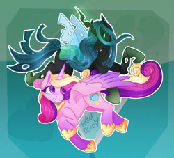Size: 1280x1160 | Tagged: safe, artist:6hawtowo9, imported from derpibooru, princess cadance, queen chrysalis, alicorn, changeling, changeling queen, pony, crying, duo, fangs, female, teary eyes, transparent wings, wings