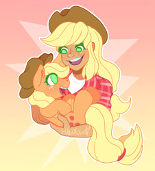 Size: 1280x1413 | Tagged: safe, artist:6hawtowo9, imported from derpibooru, applejack, earth pony, human, pony, abstract background, duo, female, freckles, holding a pony, humanized, open mouth, self paradox, self ponidox, self-ponidox