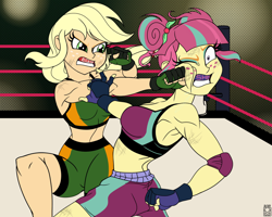 Size: 2362x1890 | Tagged: safe, artist:dncsamsonart, artist:malevolentsamson, imported from derpibooru, applejack, sour sweet, equestria girls, angry, boxing, boxing ring, boxing shorts, brush, clothes, fight, fingerless gloves, gloves, mma, mma gloves, mouth guard, mouthguard, punch, sports