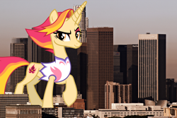 Size: 4200x2800 | Tagged: safe, artist:cheezedoodle96, artist:thegiantponyfan, edit, imported from derpibooru, fire flare, pony, unicorn, california, clothes, female, giant pony, giant unicorn, giantess, high res, highrise ponies, irl, leotard, los angeles, macro, mare, mega giant, photo, ponies in real life, story included