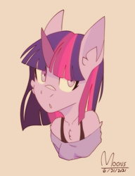 Size: 947x1233 | Tagged: safe, artist:mooons, imported from derpibooru, twilight sparkle, anthro, unicorn, bust, female, simple background, solo