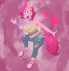 Size: 1024x1053 | Tagged: safe, artist:mooons, imported from derpibooru, pinkie pie, anthro, earth pony, unguligrade anthro, belly button, clothes, female, heart, jeans, midriff, open mouth, pants, plump, ripped jeans, ripped pants, simple background, solo, torn clothes, tube top, watermark