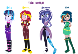 Size: 1600x1111 | Tagged: safe, artist:lhenao, imported from derpibooru, oc, oc only, oc:gea, oc:hela, oc:hestia (lhenao), oc:nemesis, human, equestria girls, arm behind back, clone, female, hand on hip, simple background, smiling, transparent background