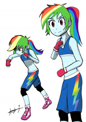 Size: 1200x1697 | Tagged: safe, artist:helsaabi, imported from derpibooru, rainbow dash, equestria girls, clothes, female, fingerless gloves, gloves, martial arts, midriff, mixed martial arts, mma, mma gloves, shorts, simple background, solo, sports, white background