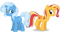 Size: 1280x736 | Tagged: safe, artist:axxie13, artist:koraluch, artist:thatusualguy06, imported from derpibooru, sunset shimmer, trixie, pony, unicorn, duo, duo female, female, hairstyle swap, lesbian, mare, palette swap, recolor, shipping, show accurate, simple background, suntrix, transparent background, vector