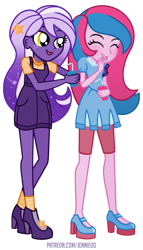 Size: 687x1200 | Tagged: safe, artist:jennieoo, imported from derpibooru, oc, oc:midnight twinkle, oc:star sparkle, equestria girls, friendship, giggling, happy, show accurate, smiling