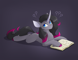 Size: 1075x826 | Tagged: safe, artist:d.w.h.cn, imported from derpibooru, oleander, unicorn, them's fightin' herds, book, chest fluff, community related, gray background, looking at you, lying down, oleander (tfh), prone, question mark, simple background, solo