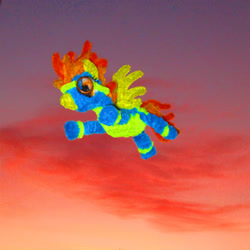 Size: 2769x2769 | Tagged: safe, alternate version, artist:malte279, imported from derpibooru, part of a set, spitfire, pegasus, pony, chenille, chenille stems, chenille wire, clothes, craft, flying, high res, photo, pipe cleaner sculpture, pipe cleaners, sculpture, sky, solo, sunset, uniform, wonderbolts uniform