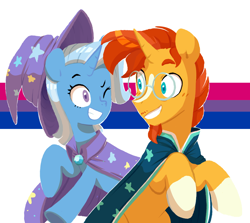 Size: 2048x1826 | Tagged: safe, artist:chub-wub, edit, imported from derpibooru, sunburst, trixie, bisexual, bisexual pride flag, blaze (coat marking), coat markings, facial markings, female, male, pride, pride flag, shipping, socks (coat markings), straight, trixburst