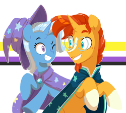 Size: 2048x1826 | Tagged: safe, artist:chub-wub, edit, imported from derpibooru, sunburst, trixie, pony, unicorn, blaze (coat marking), coat markings, facial markings, female, grin, male, mare, nonbinary, nonbinary pride flag, one eye closed, pride, pride flag, shipping, simple background, smiling, socks (coat markings), stallion, straight, trixburst, white background, wink