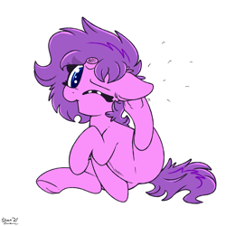 Size: 2000x2000 | Tagged: safe, alternate version, artist:skoon, imported from derpibooru, oc, oc only, oc:stir crazy, pony, unicorn, behaving like a cat, broken horn, ear scratch, female, high res, horn, looking at you, mare, one eye closed, simple background, solo