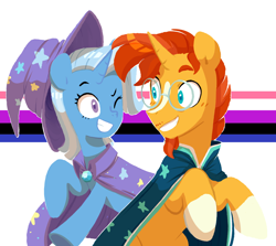 Size: 2048x1826 | Tagged: safe, artist:chub-wub, edit, imported from derpibooru, sunburst, trixie, pony, unicorn, blaze (coat marking), coat markings, facial markings, female, genderfluid, genderfluid pride flag, grin, male, mare, one eye closed, pride, pride flag, shipping, simple background, smiling, socks (coat markings), stallion, straight, trixburst, white background, wink