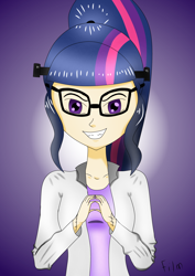 Size: 2050x2900 | Tagged: safe, artist:film77asq, imported from derpibooru, sci-twi, twilight sparkle, human, clothes, evil grin, female, grin, high res, humanized, lab coat, mad scientist, smiling, solo