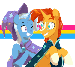 Size: 2048x1826 | Tagged: safe, artist:chub-wub, edit, imported from derpibooru, sunburst, trixie, pony, unicorn, blaze (coat marking), coat markings, facial markings, female, grin, male, mare, one eye closed, pansexual, pansexual pride flag, pride, pride flag, shipping, simple background, smiling, socks (coat markings), stallion, straight, trixburst, white background, wink