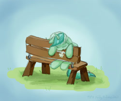 Size: 1280x1067 | Tagged: safe, artist:kirbyliscious, imported from derpibooru, lyra heartstrings, pony, unicorn, atg 2021, bench, eyes closed, female, newbie artist training grounds, sleeping, solo