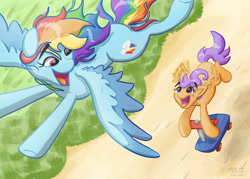 Size: 1280x915 | Tagged: safe, artist:kirbyliscious, imported from derpibooru, rainbow dash, scootaloo, pegasus, pony, atg 2021, duo, female, flying, happy, newbie artist training grounds, open mouth, scooter