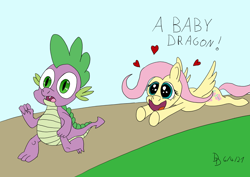 Size: 1920x1358 | Tagged: safe, artist:darkdabula, imported from derpibooru, fluttershy, spike, dragon, pegasus, pony, chase, duo, female, flutterspike, male, running, shipping, straight