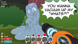 Size: 3840x2160 | Tagged: safe, artist:badumsquish, derpibooru exclusive, imported from derpibooru, oc, oc:tremble, goo, goo pony, human, monster pony, original species, pony, beatrix lebeau, blushing, bush, clothes, dialogue, duo, embarrassed, female, food, forest, fps, fruit, gloves, heads up display, high res, hud, implied scat, offscreen character, pov, raised hooves, slime, slime rancher, talking to viewer, tree, video game, yelling