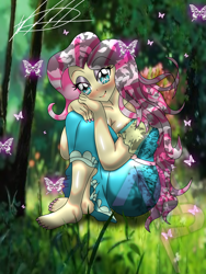 Size: 1536x2048 | Tagged: safe, artist:mlp-france-yt, imported from derpibooru, fluttershy, butterfly, equestria girls, barefoot, blushing, breasts, cleavage, feet, female, forest, looking at you, nail polish, sitting, smiling, solo, toenail polish