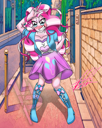 Size: 1080x1350 | Tagged: safe, artist:mlp-france-yt, imported from derpibooru, pinkie pie, equestria girls, blushing, clothes, female, grin, looking at you, peace sign, ponk, sidewalk, smiling, smiling at you, solo