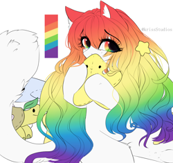 Size: 3302x3098 | Tagged: safe, artist:krissstudios, imported from derpibooru, oc, oc only, pony, turtle, eye clipping through hair, eyebrows, eyebrows visible through hair, female, high res, looking at you, mare, multicolored hair, plushie, rainbow hair, simple background, solo, star plushie, white background