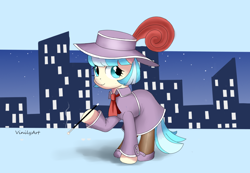 Size: 1026x712 | Tagged: safe, artist:vinilyart, imported from derpibooru, coco pommel, earth pony, pony, cigarette, cigarette holder, city, cityscape, clothes, cocobetes, cute, female, hat, looking at you, mare, smoking, solo