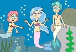 Size: 2030x1378 | Tagged: safe, artist:ocean lover, imported from derpibooru, ocellus, silverstream, terramar, human, merboy, mermaid, merman, belly button, bra, bubble, clothes, female, fins, humanized, jewelry, male, mermaidized, midriff, necklace, ocean, rock, seashell, seashell bra, seaweed, species swap, underwater, underwear