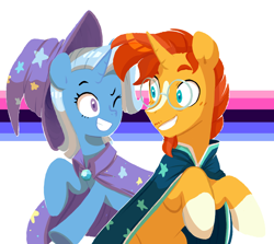 Size: 2048x1826 | Tagged: safe, artist:chub-wub, edit, imported from derpibooru, sunburst, trixie, pony, unicorn, blaze (coat marking), coat markings, facial markings, female, grin, male, mare, omnisexual, omnisexual pride flag, one eye closed, shipping, simple background, smiling, socks (coat markings), stallion, straight, trixburst, white background, wink