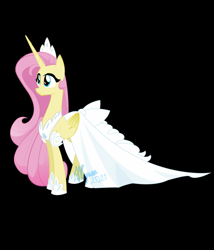 Size: 746x873 | Tagged: safe, artist:natalysweeneyart, imported from derpibooru, fluttershy, alicorn, pony, alicornified, black background, clothes, dress, female, fluttercorn, folded wings, hoof shoes, jewelry, looking away, looking up, mare, princess fluttershy, race swap, simple background, smiling, solo, standing, three quarter view, tiara, white dress, wings