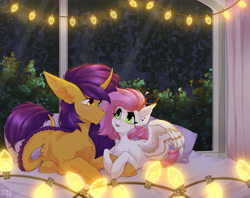 Size: 1912x1518 | Tagged: safe, artist:shini951, artist:shinizavr, imported from derpibooru, oc, pegasus, pony, unicorn, night, pillow, string lights, window