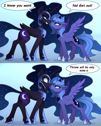 Size: 2500x3110 | Tagged: safe, artist:yakovlev-vad, edit, editor:band sickle, editor:bandwidth, imported from derpibooru, nightmare moon, princess luna, alicorn, pony, :<, >:3, angry, blue background, boop, broken english, cheek fluff, chest fluff, concave belly, constellation, crown, cute, death threat, duality, duo, duo female, ear fluff, engrish, ethereal mane, eye contact, female, floppy ears, folded wings, frown, glare, gradient background, grammar error, grin, grumpy, helmet, high res, hoof fluff, imminent murder, it was at this moment that she knew she fucked up, jewelry, knife, lacrimal caruncle, leg fluff, lidded eyes, looking at each other, lunabetes, magic, mare, nose wrinkle, noseboop, pocket knife, pouting, regalia, s1 luna, scrunchy face, self ponidox, simple background, slim, smiling, smirk, smug, spread wings, starry mane, sweat, switchblade, telekinesis, temptation, thin, this will end in pain and/or death, threat, threatening, wall of tags, weapon, wing fluff, wings