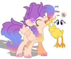 Size: 2146x1777 | Tagged: safe, artist:cheekycheesefan101, artist:lightning-chaseryt, imported from derpibooru, oc, oc only, oc:berry laffy taffy, hybrid, pony, female, interspecies offspring, magical lesbian spawn, mouth hold, offspring, parent:pinkie pie, parent:princess skystar, parents:skypie, rubber chicken, solo