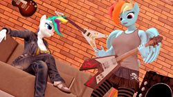 Size: 3840x2160 | Tagged: safe, artist:sebaxn, imported from derpibooru, rainbow dash, rarity, anthro, pegasus, unicorn, 3d, alternate hairstyle, breasts, cleavage, clothes, commission, female, grin, high res, lesbian, open mouth, open smile, punk, raridash, raripunk, shipping, smiling, source filmmaker, tanktop