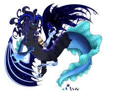 Size: 1280x945 | Tagged: safe, artist:lunar-imagination, imported from derpibooru, oc, oc only, draconequus, hybrid, original species, seapony (g4), blue eyes, claws, dorsal fin, fish tail, horns, male, simple background, solo, tail, transparent background, wings
