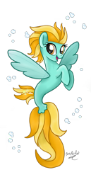 Size: 837x1626 | Tagged: safe, artist:jessyxkisuxkata, imported from derpibooru, lightning dust, pegasus, pony, seapony (g4), base used, bubble, dorsal fin, female, fin wings, fish tail, flowing tail, looking at you, open mouth, open smile, seaponified, seapony lightning dust, signature, simple background, smiling, smiling at you, solo, species swap, tail, transparent background, wings, yellow eyes