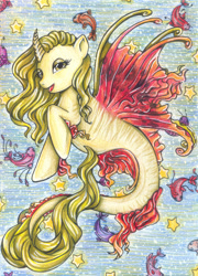 Size: 1615x2248 | Tagged: safe, artist:fake-elf, imported from derpibooru, oc, oc only, alicorn, fish, hybrid, merpony, pony, seapony (g4), colored pupils, commission, dorsal fin, eyelashes, female, fin wings, fins, fish tail, flowing tail, horn, open mouth, seaponified, slit eyes, slit pupils, smiling, solo, species swap, stars, tail, underwater, water, wings, yellow eyes, yellow mane