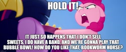 Size: 1194x499 | Tagged: safe, artist:megalobronia, edit, edited screencap, imported from derpibooru, screencap, pinkie pie, twilight sparkle, alicorn, earth pony, pony, my little pony: the movie, angry, band geeks, caption, floppy ears, image macro, imgflip, meme, out of character, pointing, spongebob squarepants, text, twilight sparkle (alicorn)