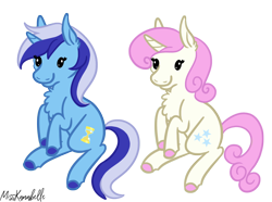 Size: 1168x867 | Tagged: safe, artist:misskanabelle, imported from derpibooru, minuette, twinkleshine, pony, unicorn, chest fluff, colored hooves, commission, duo, ear fluff, female, horn, mare, signature, simple background, smiling, transparent background, ych result