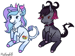 Size: 1157x867 | Tagged: safe, artist:misskanabelle, imported from derpibooru, demon, demon pony, original species, pony, bow, chest fluff, collar, colored hooves, commission, duo, ear fluff, female, hair bow, jewelry, leonine tail, mare, necklace, signature, simple background, smiling, transparent background, ych result