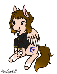 Size: 669x867 | Tagged: safe, artist:misskanabelle, imported from derpibooru, oc, oc only, pegasus, pony, chest fluff, clothes, colored hooves, commission, ear fluff, female, mare, pegasus oc, signature, simple background, smiling, solo, transparent background, two toned wings, wings, ych result